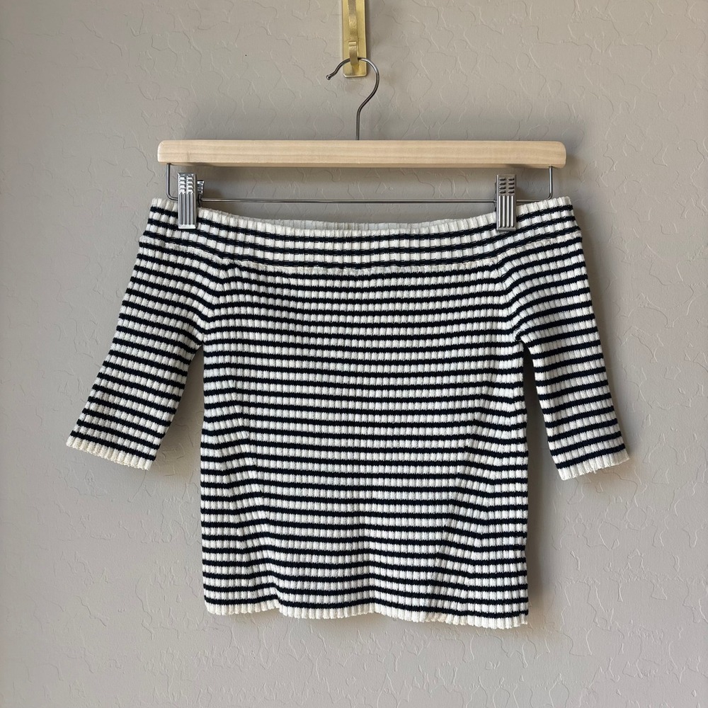 Eleven Six Striped Off‎ Shoulder Knit Sweater Top Navy White Pima Cotton Size S - Picture 2 of 7